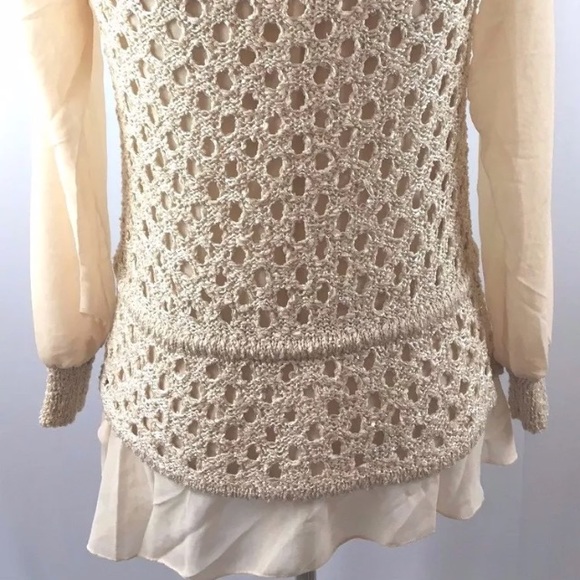 John Fashion Tan Ivory Knit Chiffon Top BB32 - Picture 6 of 8